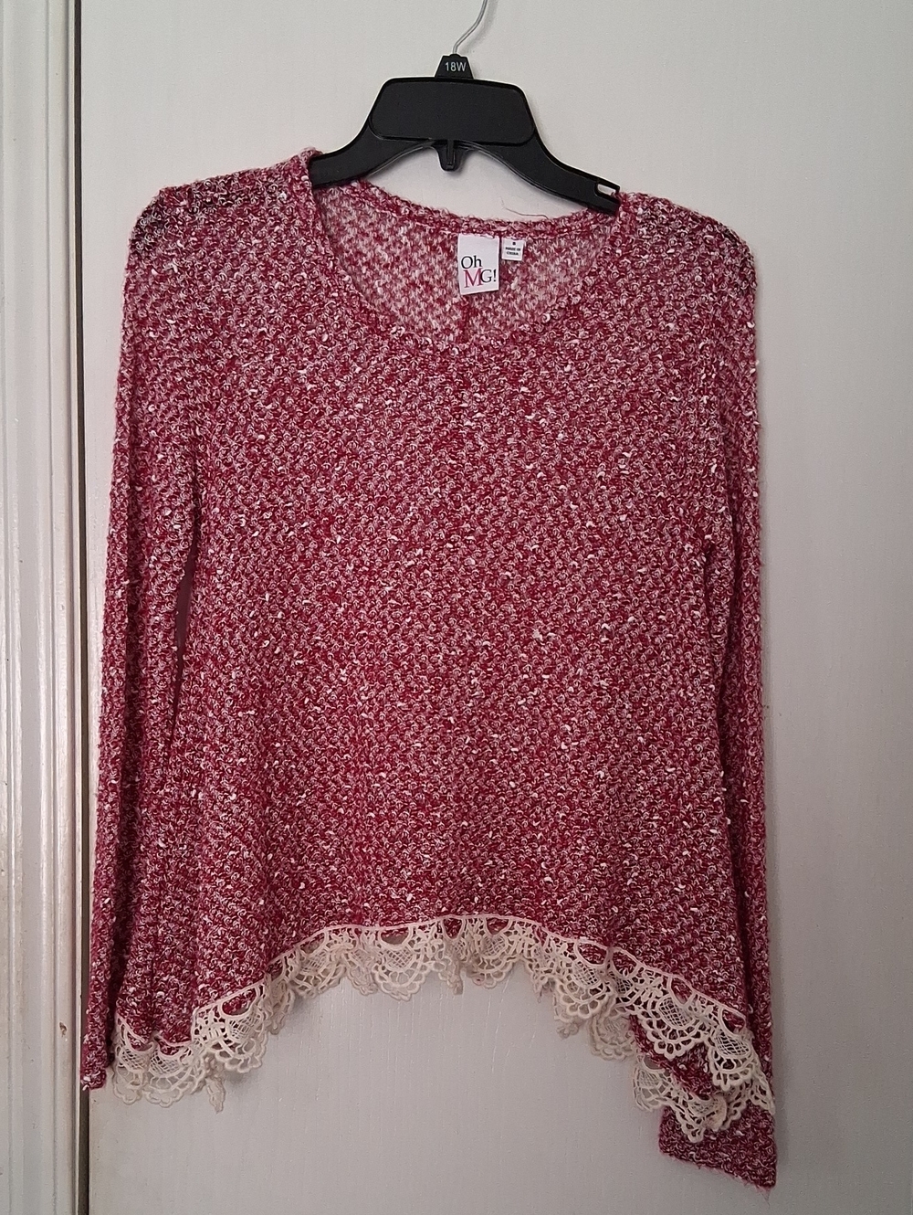 OhMG Vintage Cranberry Red Open Knit Semi Sheer Crochet Hem Long Sleeve Top Sz S